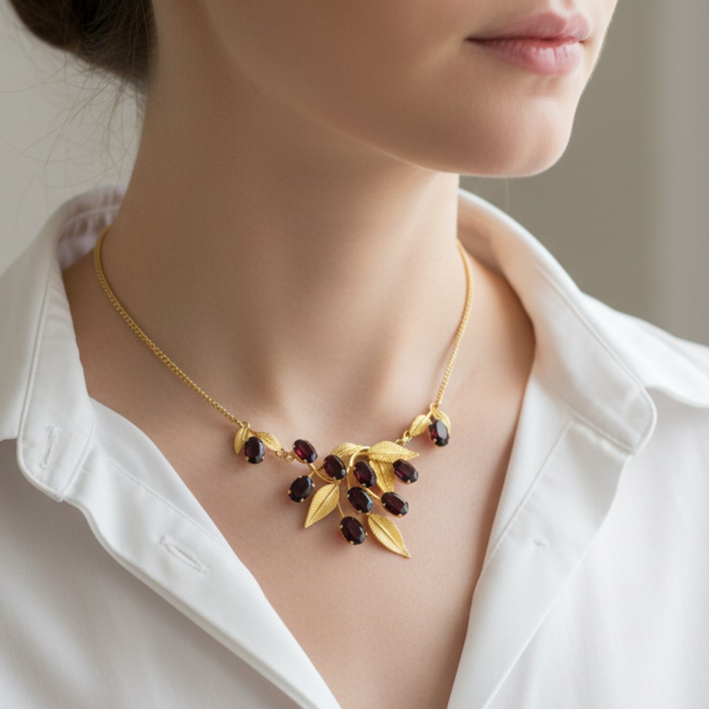 Van Dell Gold Filled Garnet Glass Cluster Necklace 16 Vintage Signed 133$